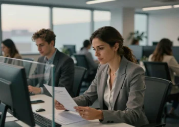 Profesional revisando documento salarial en oficina moderna en España, simbolizando la transparencia retributiva