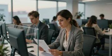 Profesional revisando documento salarial en oficina moderna en España, simbolizando la transparencia retributiva