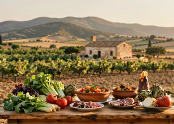 Mesa rústica con ingredientes mediterráneos murcianos y paisaje de huerta al fondo bajo luz dorada