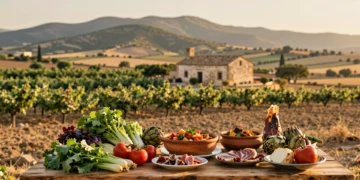 Mesa rústica con ingredientes mediterráneos murcianos y paisaje de huerta al fondo bajo luz dorada