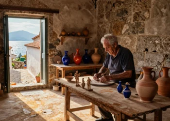Artesano calabrés mayor modelando cerámica pintada a mano en un taller medieval con luz dorada y vistas al mar Tirreno