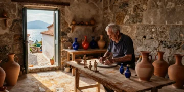 Artesano calabrés mayor modelando cerámica pintada a mano en un taller medieval con luz dorada y vistas al mar Tirreno