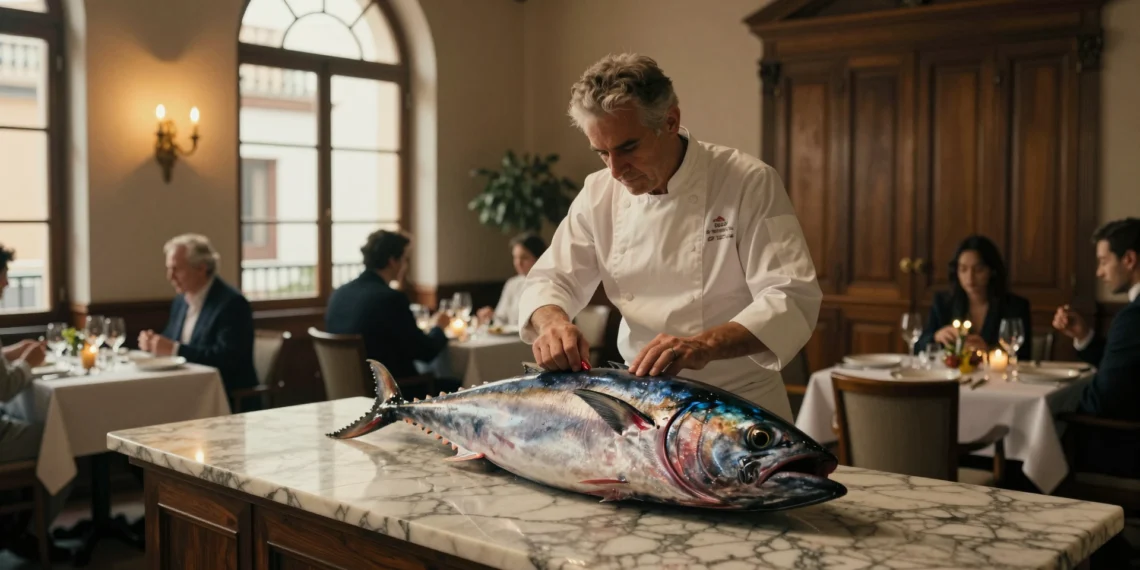 Chef preparando atún rojo de almadraba entero sobre mármol en un palacete del Barrio de Salamanca, Madrid