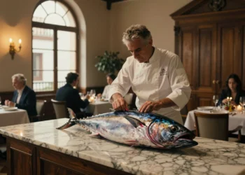 Chef preparando atún rojo de almadraba entero sobre mármol en un palacete del Barrio de Salamanca, Madrid
