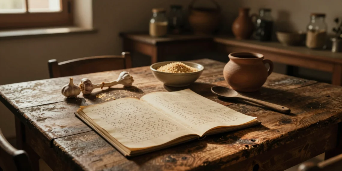 Cuartillas amarillentas con recetas manuscritas sobre mesa de madera rústica en una casa de campo española