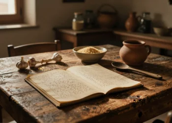Cuartillas amarillentas con recetas manuscritas sobre mesa de madera rústica en una casa de campo española