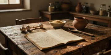 Cuartillas amarillentas con recetas manuscritas sobre mesa de madera rústica en una casa de campo española