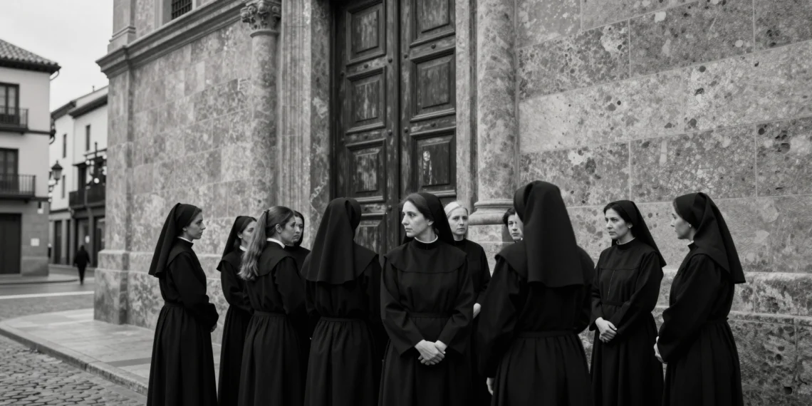 Mujeres con hábitos religiosos frente a edificio institucional en Madrid, evocando abusos y prácticas sectarias
