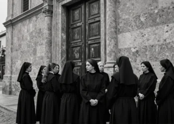 Mujeres con hábitos religiosos frente a edificio institucional en Madrid, evocando abusos y prácticas sectarias