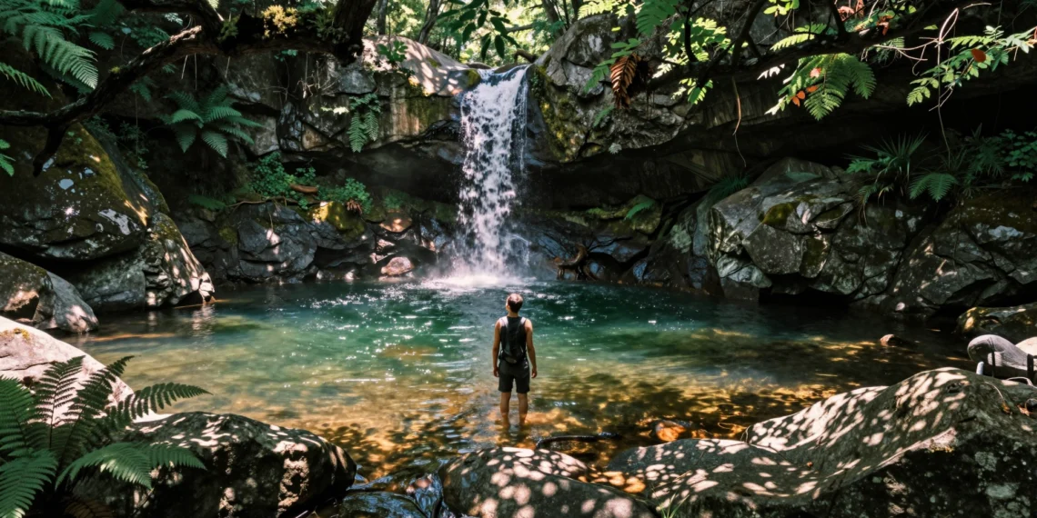 Bañista en una piscina natural de roca granítica rodeada de bosque verde y cascada en el norte de España