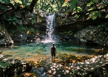 Bañista en una piscina natural de roca granítica rodeada de bosque verde y cascada en el norte de España