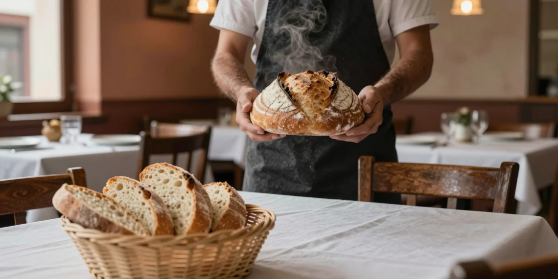 Cesta de pan industrial en mesa de restaurante español frente a un panadero sosteniendo una hogaza artesana de masa madre