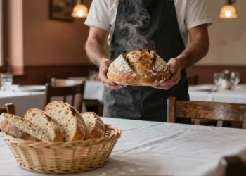 Cesta de pan industrial en mesa de restaurante español frente a un panadero sosteniendo una hogaza artesana de masa madre