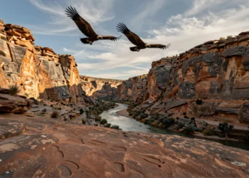 Buitres leonados sobrevolando el cañón del río Leza en La Rioja, con huellas de dinosaurios visibles en las rocas rojizas
