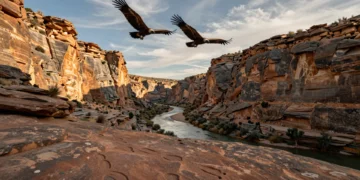 Buitres leonados sobrevolando el cañón del río Leza en La Rioja, con huellas de dinosaurios visibles en las rocas rojizas