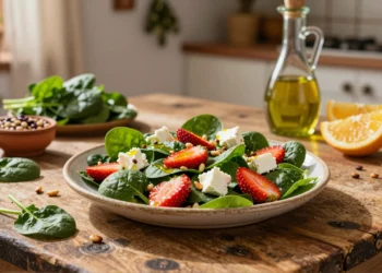 Ensalada mediterránea de espinacas con fresas, queso, piñones tostados y aceite de oliva en plato cerámico rústico