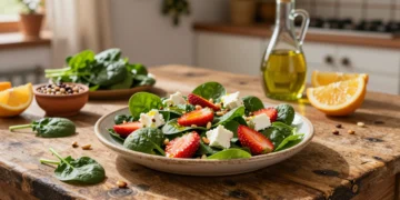 Ensalada mediterránea de espinacas con fresas, queso, piñones tostados y aceite de oliva en plato cerámico rústico