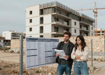 Pareja joven frente a un edificio en construcción en Murcia revisando un anuncio de viviendas asequibles en una valla de obra