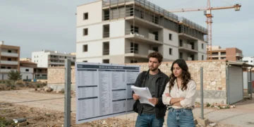 Pareja joven frente a un edificio en construcción en Murcia revisando un anuncio de viviendas asequibles en una valla de obra
