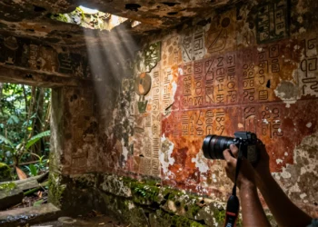 Investigador fotografiando glifos matemáticos mayas de 1.200 años en una cámara de piedra en la selva de Guatemala