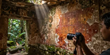 Investigador fotografiando glifos matemáticos mayas de 1.200 años en una cámara de piedra en la selva de Guatemala