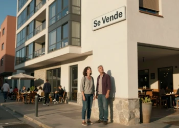 Pareja joven frente a edificio residencial moderno en España mirando cartel de "Se Vende"