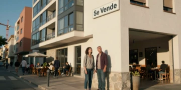 Pareja joven frente a edificio residencial moderno en España mirando cartel de "Se Vende"
