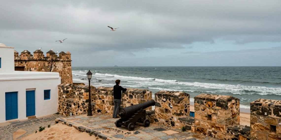 Viajero contemplando el Atlántico desde las murallas de la Sqala de la Ville en Essaouira, Marruecos