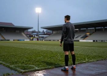 Futbolista de espaldas contemplando un estadio vacío al atardecer en un campo mojado bajo cielos gallegos