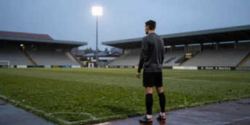 Futbolista de espaldas contemplando un estadio vacío al atardecer en un campo mojado bajo cielos gallegos