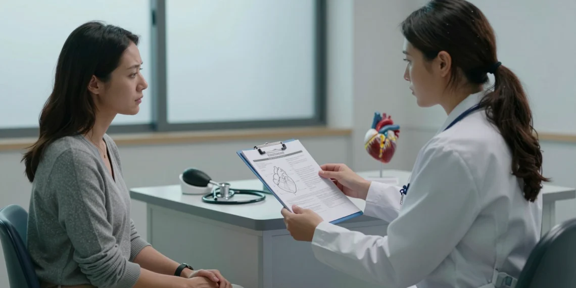 Mujer en consulta con cardióloga revisando gráficas sobre riesgo cardiovascular y síndrome del ovario poliquístico