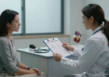 Mujer en consulta con cardióloga revisando gráficas sobre riesgo cardiovascular y síndrome del ovario poliquístico
