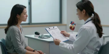 Mujer en consulta con cardióloga revisando gráficas sobre riesgo cardiovascular y síndrome del ovario poliquístico