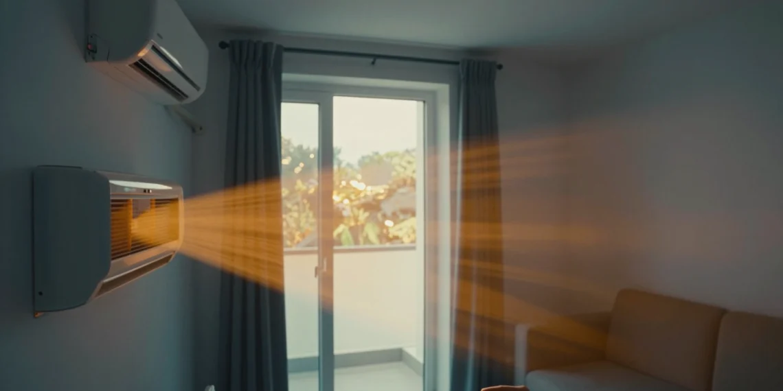 Aire acondicionado en sala de estar con contraste visual entre interior frío azulado y calor exterior anaranjado en verano