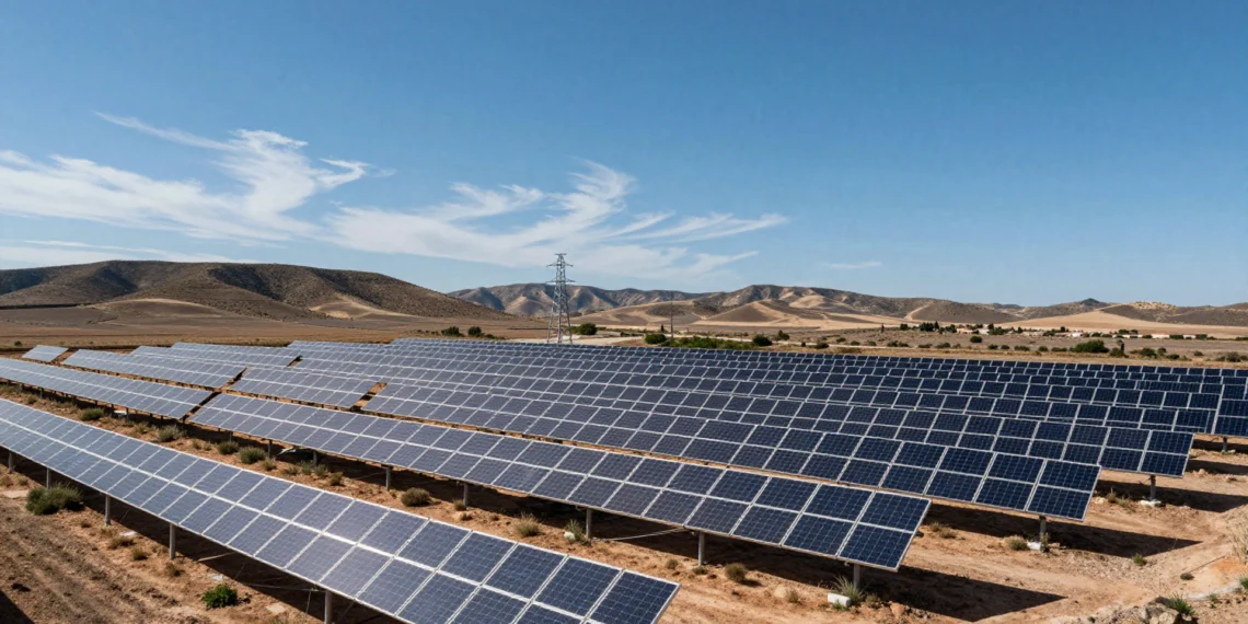 Extensa planta solar fotovoltaica en el paisaje árido y soleado de la Región de Murcia, con paneles en filas geométricas