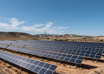 Extensa planta solar fotovoltaica en el paisaje árido y soleado de la Región de Murcia, con paneles en filas geométricas