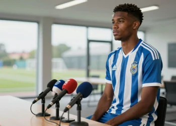 Bright Ede, joven futbolista de 19 años y 1,93 m, con camiseta del Deportivo ante micrófonos en rueda de prensa en Abegondo