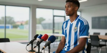 Bright Ede, joven futbolista de 19 años y 1,93 m, con camiseta del Deportivo ante micrófonos en rueda de prensa en Abegondo
