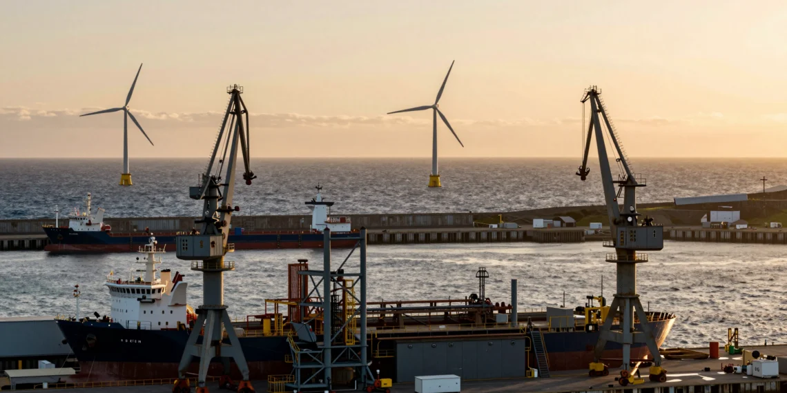 Astillero industrial en la costa asturiana al atardecer con aerogeneradores marinos flotantes en el horizonte del Atlántico