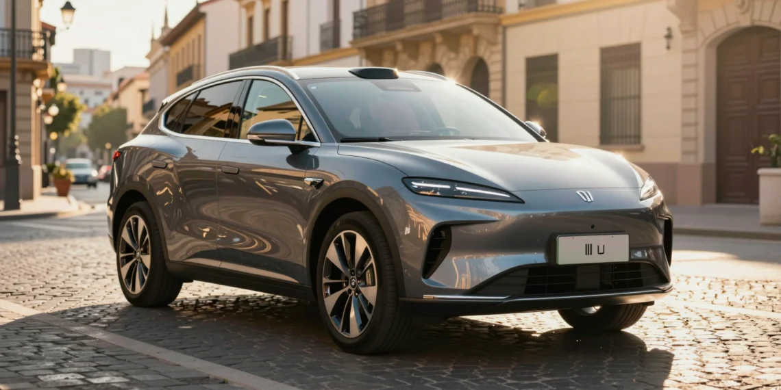 GAC Aion V eléctrico aparcado en calle urbana española con luz mediterránea dorada, mostrando su perfil SUV aerodinámico