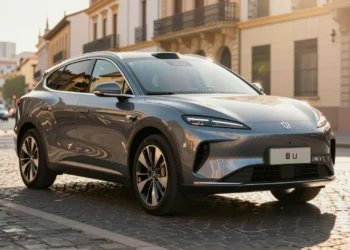 GAC Aion V eléctrico aparcado en calle urbana española con luz mediterránea dorada, mostrando su perfil SUV aerodinámico