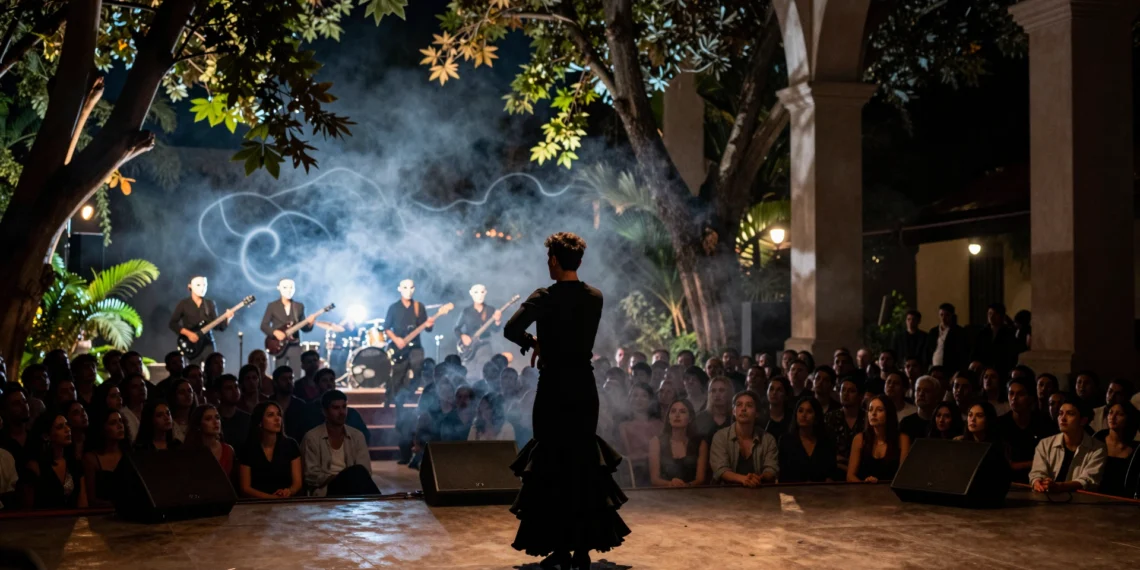 Kiki Morente bajo luces ámbar y azul en un escenario al aire libre, evocando la presencia de su padre Enrique Morente
