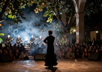 Kiki Morente bajo luces ámbar y azul en un escenario al aire libre, evocando la presencia de su padre Enrique Morente