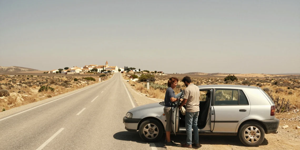 Dos personas comparten coche en carretera rural española, cargando equipaje en un compacto aparcado al sol.