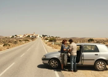 Dos personas comparten coche en carretera rural española, cargando equipaje en un compacto aparcado al sol.