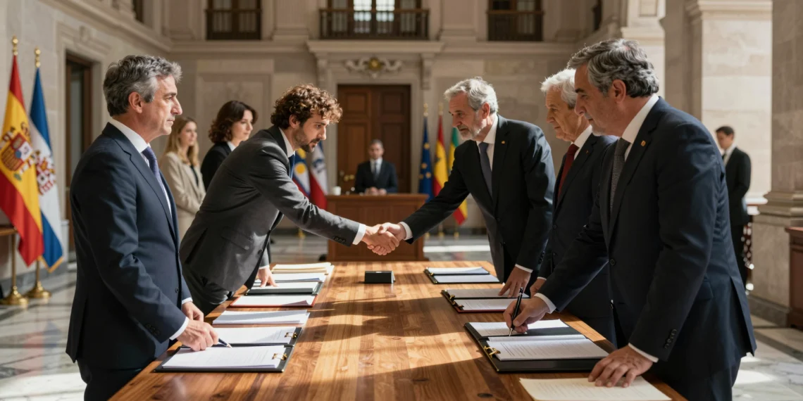 Políticos del PP y Vox firman un pacto de legislatura en un salón institucional de Andalucía con banderas españolas al fondo