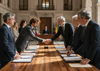 Políticos del PP y Vox firman un pacto de legislatura en un salón institucional de Andalucía con banderas españolas al fondo