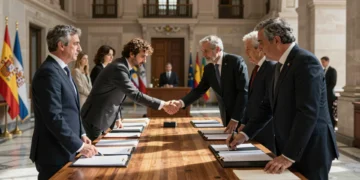 Políticos del PP y Vox firman un pacto de legislatura en un salón institucional de Andalucía con banderas españolas al fondo