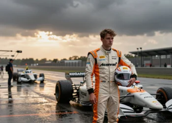 Lundgaard con su traje McLaren junto a su IndyCar en el pit lane mojado de Mid-Ohio tras lograr la pole