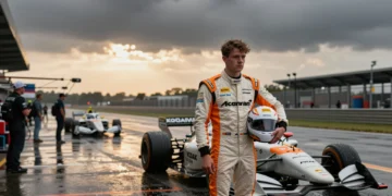 Lundgaard con su traje McLaren junto a su IndyCar en el pit lane mojado de Mid-Ohio tras lograr la pole